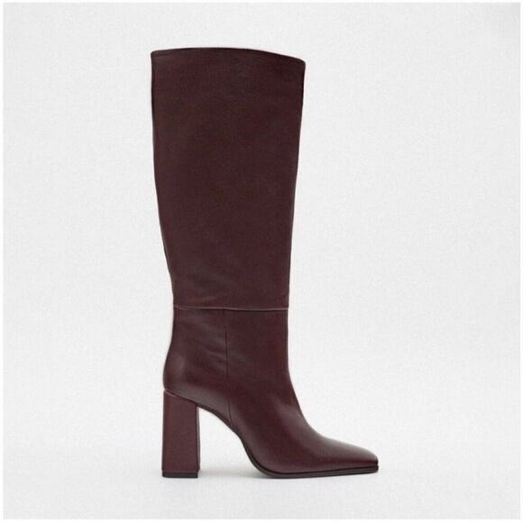 Zara Women’s Oxblood Burgundy Leather Square Toe Below the Knee Block Heel Boot - Picture 15 of 15